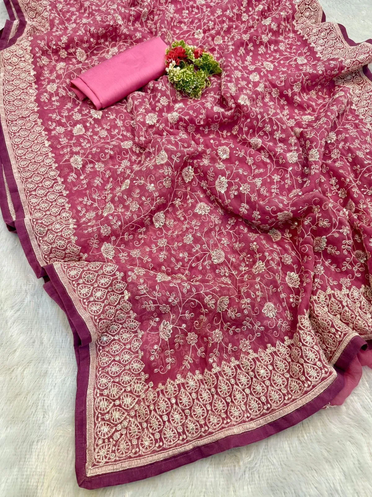 Silk Fabric Chikankari Work With Silk Saree - Image 6 in Surat